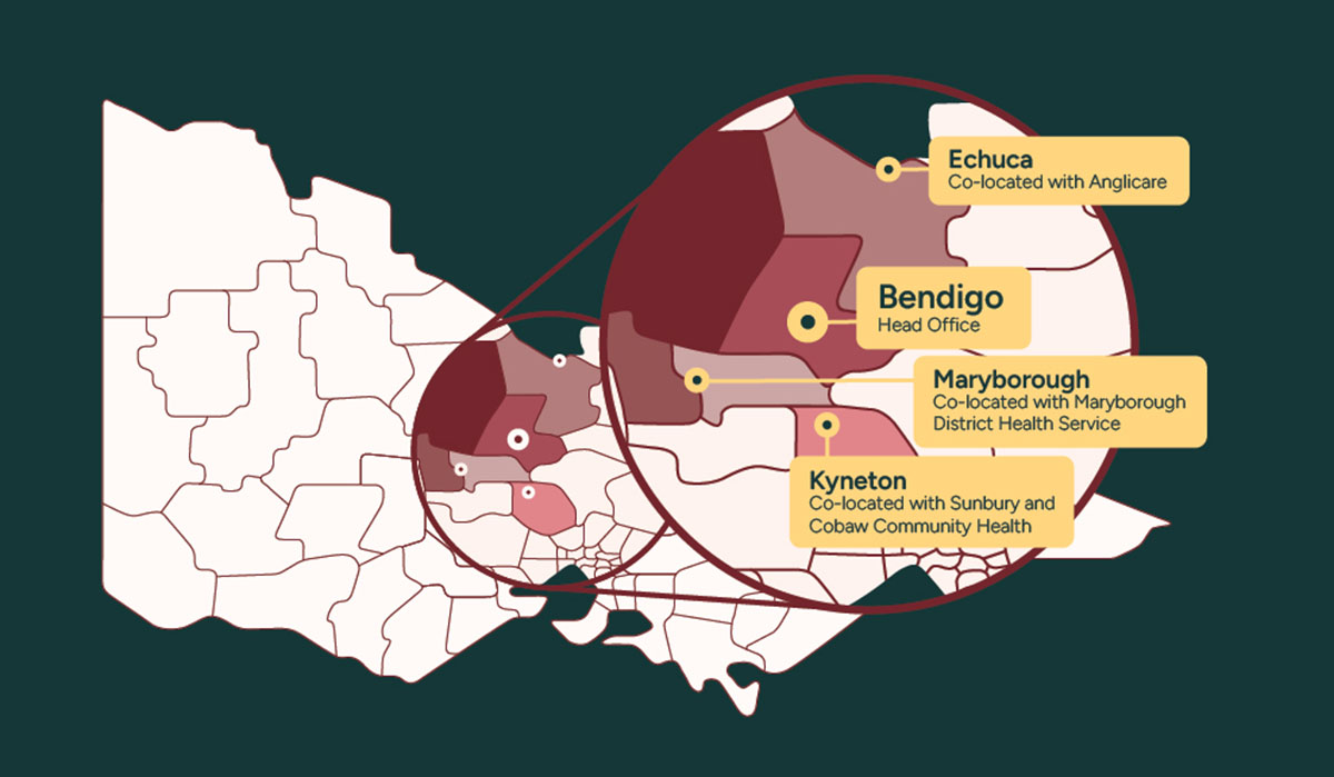 Stylised map of Victoria with CNV office locations highlighted